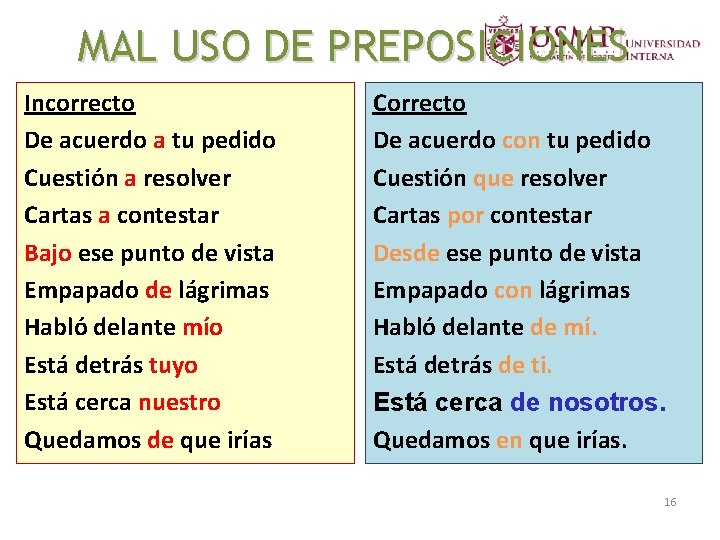 MAL USO DE PREPOSICIONES Incorrecto De acuerdo a tu pedido Cuestión a resolver Cartas MAL USO DE PREPOSICIONES Incorrecto De acuerdo a tu pedido Cuestión a resolver Cartas