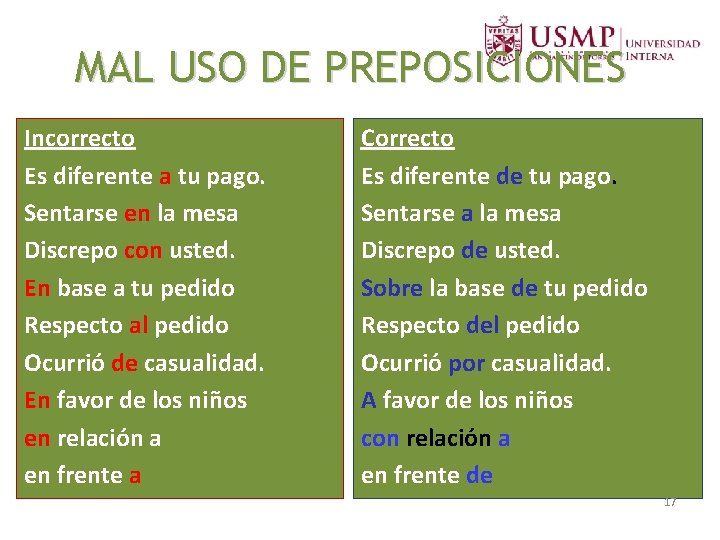 MAL USO DE PREPOSICIONES Incorrecto Es diferente a tu pago. Sentarse en la mesa MAL USO DE PREPOSICIONES Incorrecto Es diferente a tu pago. Sentarse en la mesa