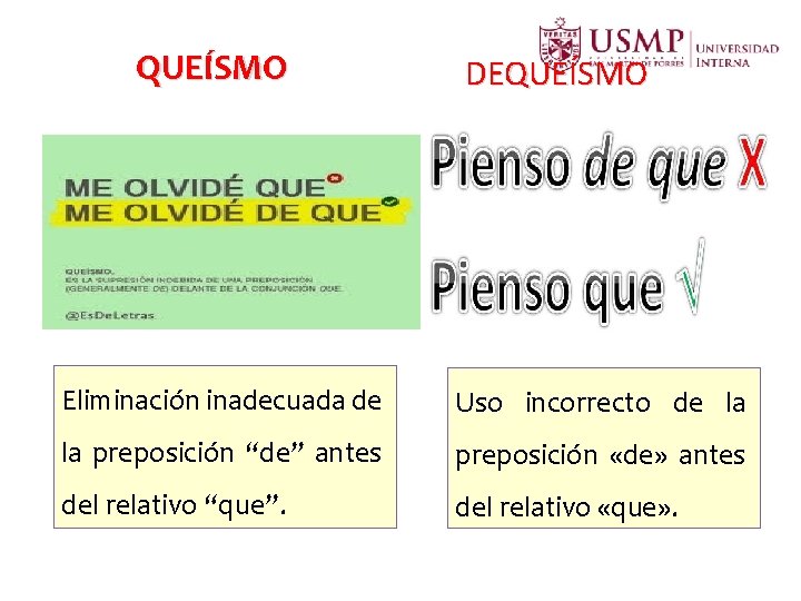 QUEÍSMO DEQUEÍSMO Eliminación inadecuada de Uso incorrecto de la preposición “de” antes preposición «de» QUEÍSMO DEQUEÍSMO Eliminación inadecuada de Uso incorrecto de la preposición “de” antes preposición «de»
