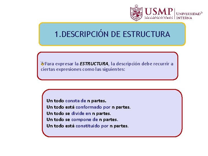 1. DESCRIPCIÓN DE ESTRUCTURA Para expresar la ESTRUCTURA, la descripción debe recurrir a ciertas 1. DESCRIPCIÓN DE ESTRUCTURA Para expresar la ESTRUCTURA, la descripción debe recurrir a ciertas