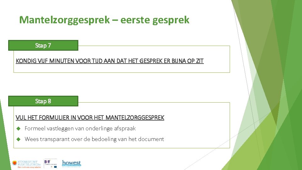 Mantelzorggesprek – eerste gesprek Stap 7 KONDIG VIJF MINUTEN VOOR TIJD AAN DAT HET