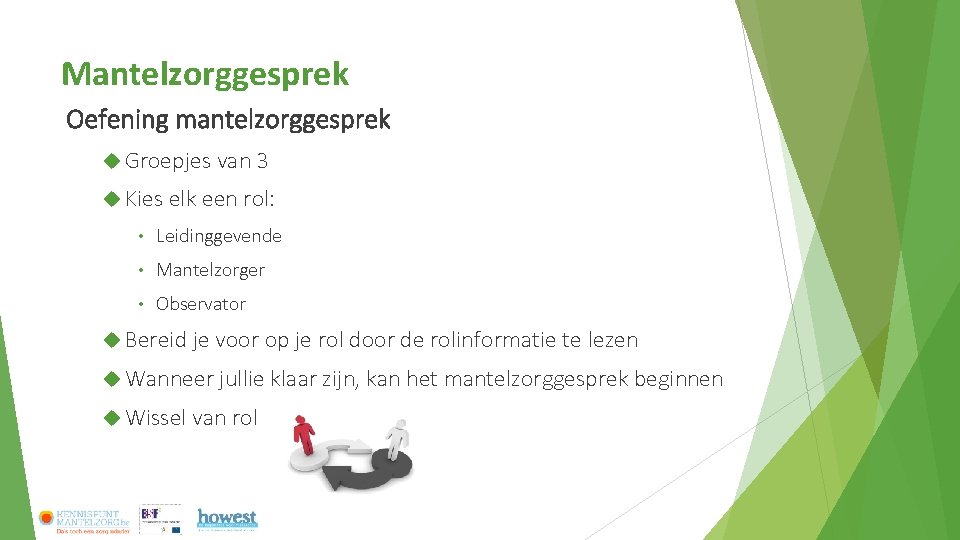 Mantelzorggesprek Oefening mantelzorggesprek Groepjes van 3 Kies elk een rol: • Leidinggevende • Mantelzorger