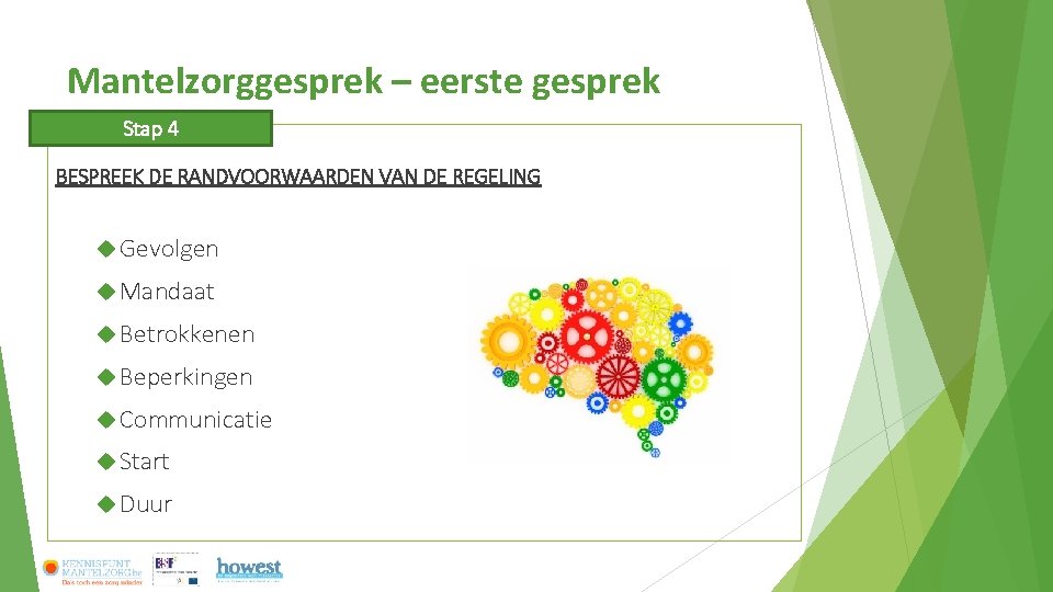 Mantelzorggesprek – eerste gesprek Stap 4 BESPREEK DE RANDVOORWAARDEN VAN DE REGELING Gevolgen Mandaat