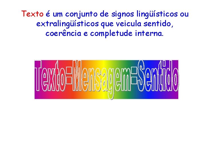 Texto é um conjunto de signos lingüísticos ou extralingüísticos que veicula sentido, coerência e