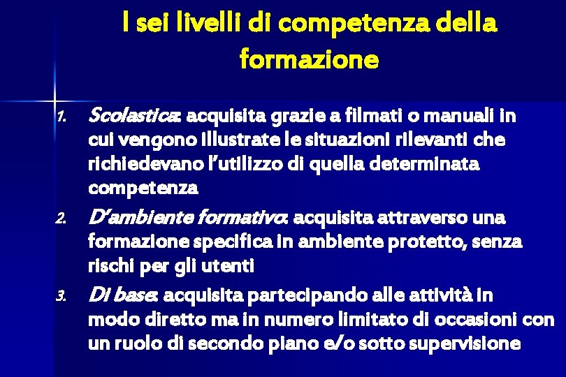 I sei livelli di competenza della formazione 1. 2. 3. Scolastica: acquisita grazie a