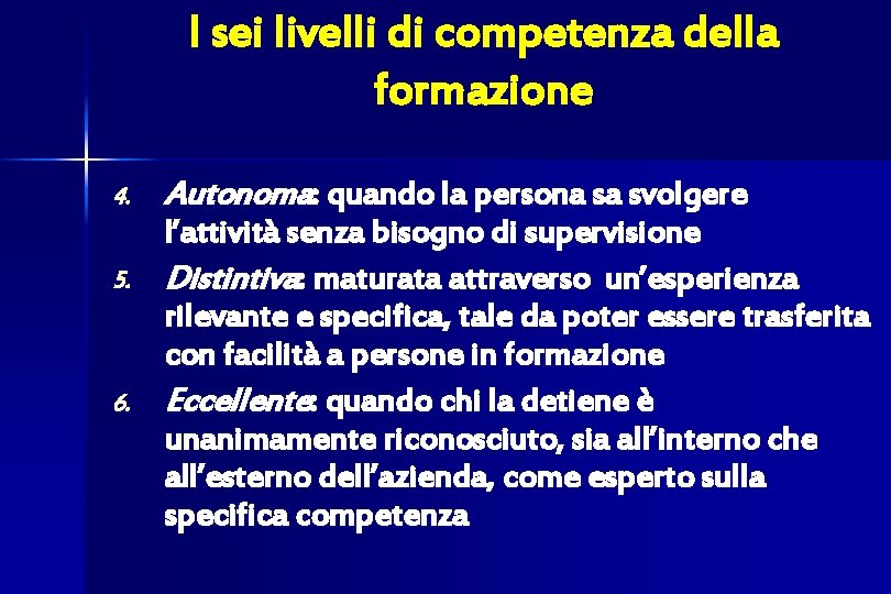 I sei livelli di competenza della formazione 4. 5. 6. Autonoma: quando la persona