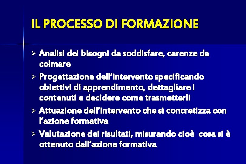 IL PROCESSO DI FORMAZIONE Analisi dei bisogni da soddisfare, carenze da colmare Ø Progettazione