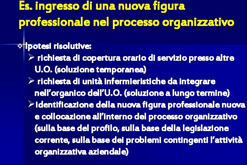 Es. ingresso di una nuova figura professionale nel processo organizzativo v Ipotesi risolutive: Ø