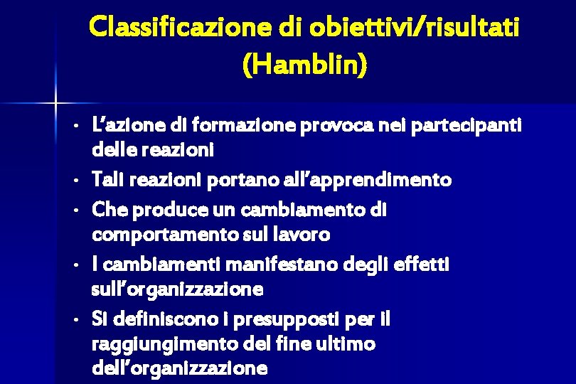 Classificazione di obiettivi/risultati (Hamblin) • • • L’azione di formazione provoca nei partecipanti delle