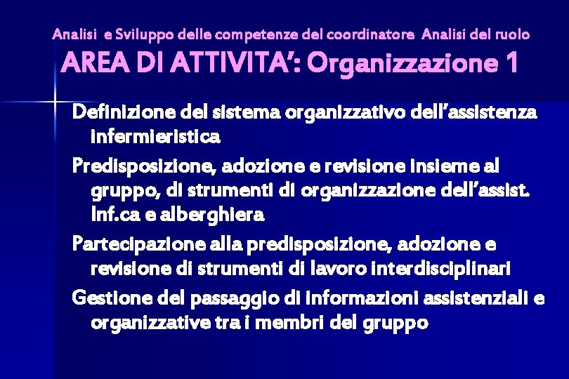 Analisi e Sviluppo delle competenze del coordinatore Analisi del ruolo AREA DI ATTIVITA’: Organizzazione