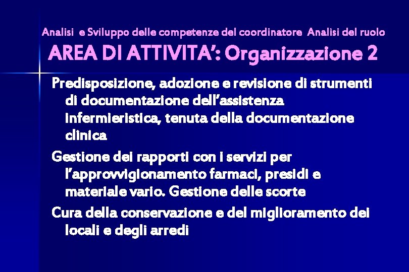 Analisi e Sviluppo delle competenze del coordinatore Analisi del ruolo AREA DI ATTIVITA’: Organizzazione