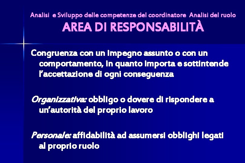 Analisi e Sviluppo delle competenze del coordinatore Analisi del ruolo AREA DI RESPONSABILITÀ Congruenza