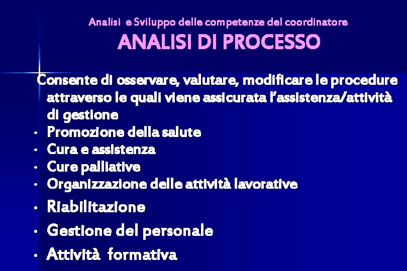 Analisi e Sviluppo delle competenze del coordinatore ANALISI DI PROCESSO Consente di osservare, valutare,