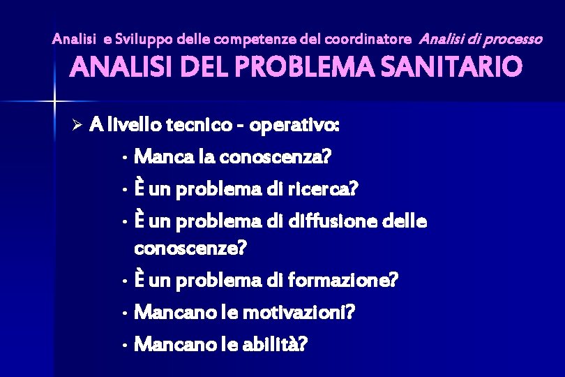 Analisi e Sviluppo delle competenze del coordinatore Analisi di processo ANALISI DEL PROBLEMA SANITARIO