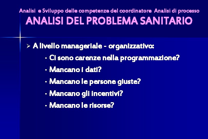 Analisi e Sviluppo delle competenze del coordinatore Analisi di processo ANALISI DEL PROBLEMA SANITARIO