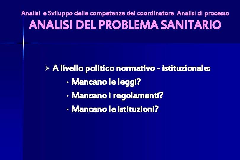 Analisi e Sviluppo delle competenze del coordinatore Analisi di processo ANALISI DEL PROBLEMA SANITARIO