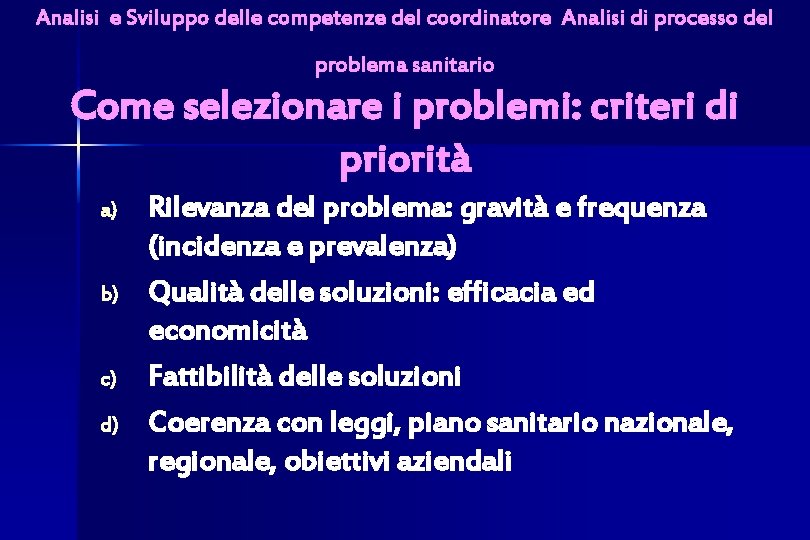 Analisi e Sviluppo delle competenze del coordinatore Analisi di processo del problema sanitario Come