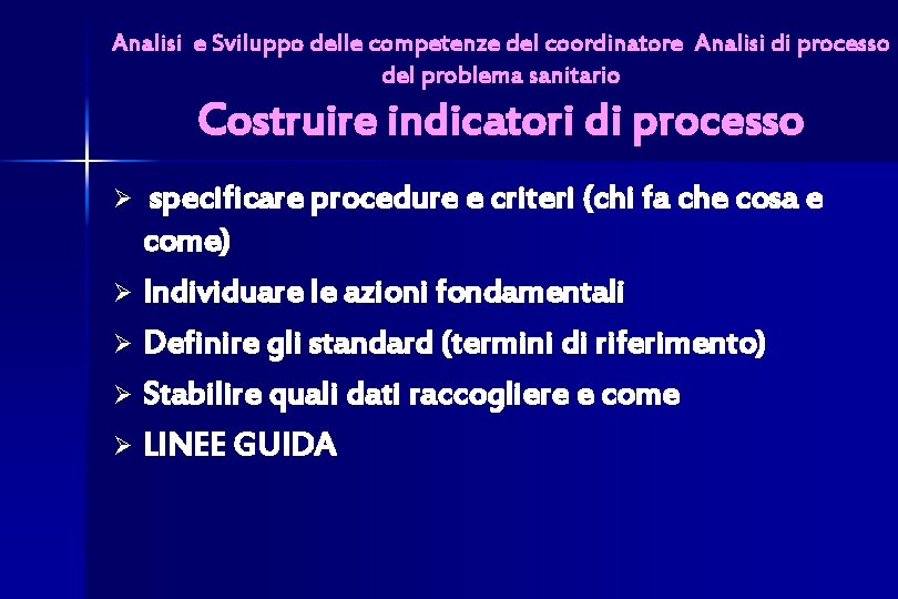 Analisi e Sviluppo delle competenze del coordinatore Analisi di processo del problema sanitario Costruire