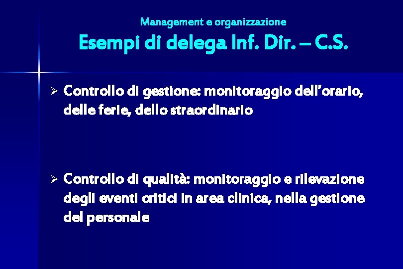 Management e organizzazione Esempi di delega Inf. Dir. – C. S. Ø Controllo di