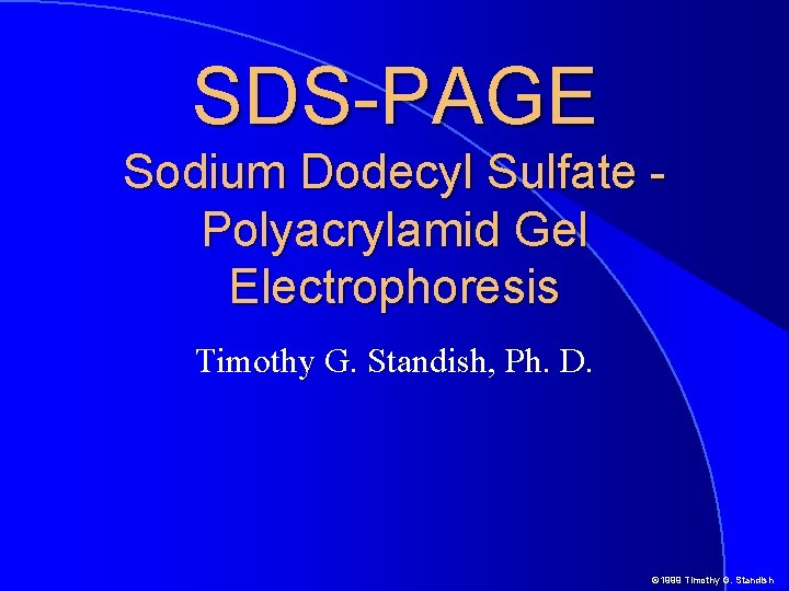 SDS-PAGE Sodium Dodecyl Sulfate Polyacrylamid Gel Electrophoresis Timothy G. Standish, Ph. D. © 1999