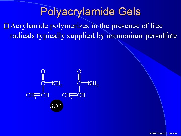 Polyacrylamide Gels � Acrylamide polymerizes in the presence of free radicals typically supplied by