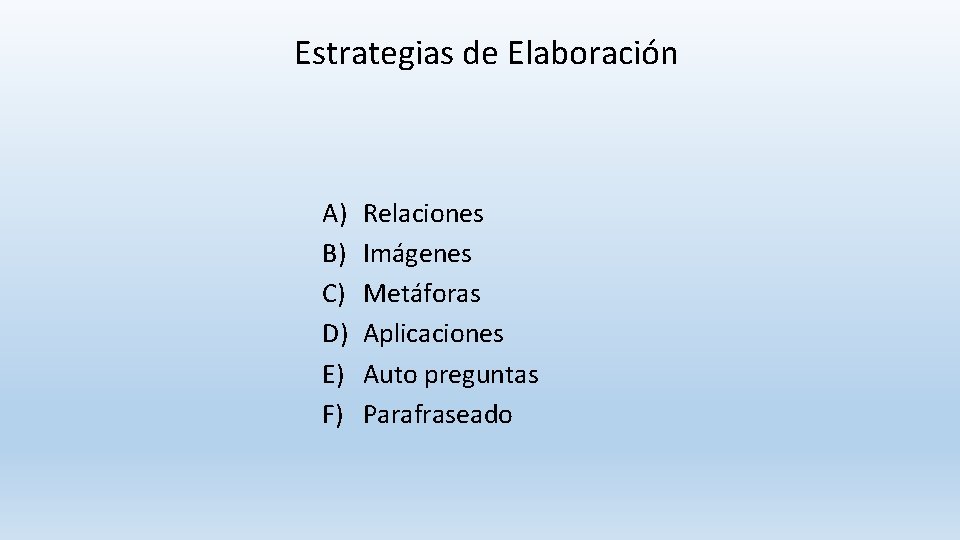 Estrategias de Elaboración A) B) C) D) E) F) Relaciones Imágenes Metáforas Aplicaciones Auto Estrategias de Elaboración A) B) C) D) E) F) Relaciones Imágenes Metáforas Aplicaciones Auto