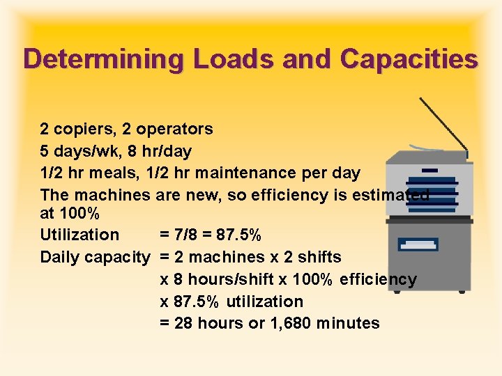 Determining Loads and Capacities 2 copiers, 2 operators 5 days/wk, 8 hr/day 1/2 hr