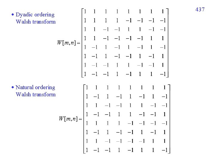  Dyadic ordering Walsh transform Natural ordering Walsh transform 437 