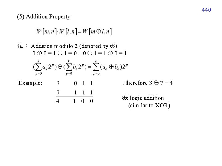 440 (5) Addition Property 註： Addition modulo 2 (denoted by ) 0 0 =