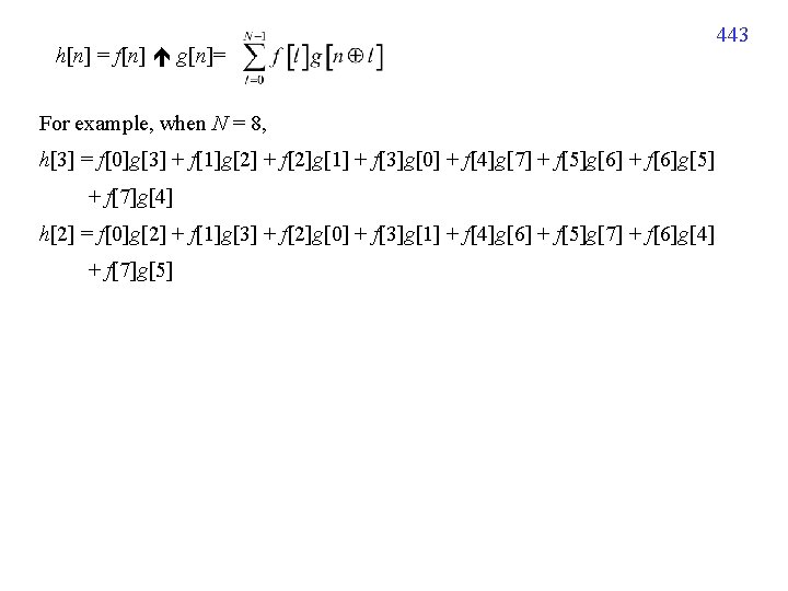 h[n] = f[n] g[n]= For example, when N = 8, h[3] = f[0]g[3] +