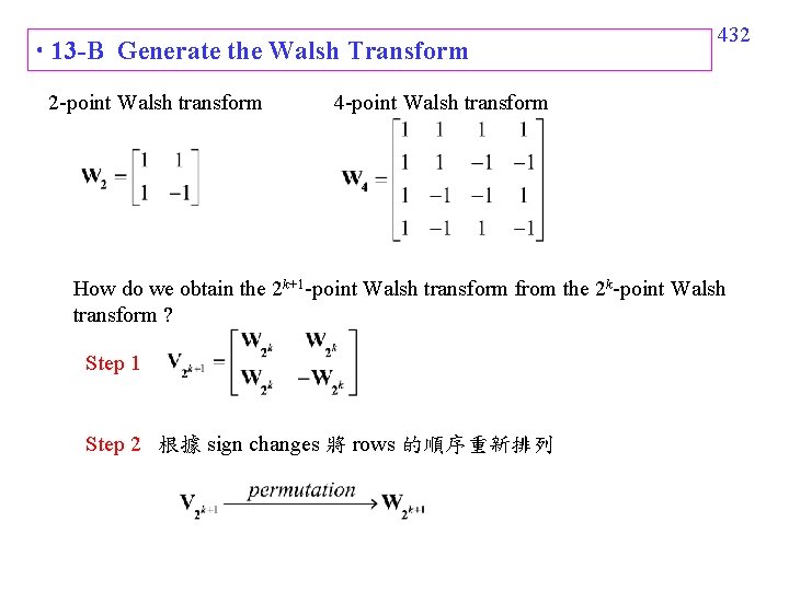  13 -B Generate the Walsh Transform 2 -point Walsh transform 432 4 -point