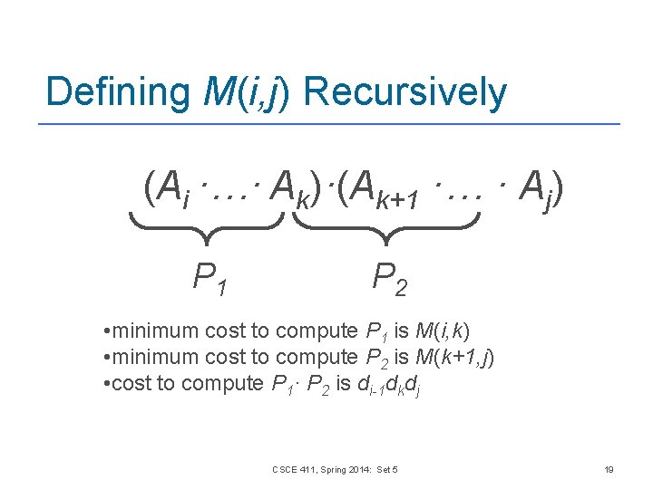 Defining M(i, j) Recursively (Ai ·…· Ak)·(Ak+1 ·… · Aj) P 1 P 2 Defining M(i, j) Recursively (Ai ·…· Ak)·(Ak+1 ·… · Aj) P 1 P 2