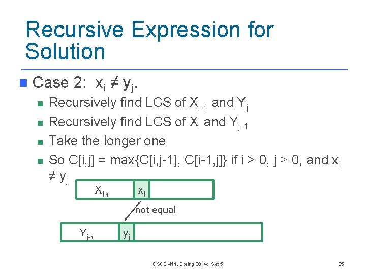 Recursive Expression for Solution n Case 2: xi ≠ yj. n n Recursively find Recursive Expression for Solution n Case 2: xi ≠ yj. n n Recursively find