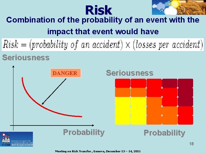 Risk Combination of the probability of an event with the impact that event would