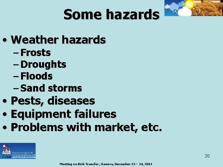 Some hazards • Weather hazards – Frosts – Droughts – Floods – Sand storms