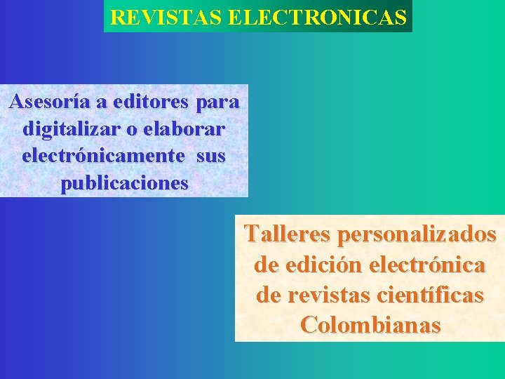 REVISTAS ELECTRONICAS Asesoría a editores para digitalizar o elaborar electrónicamente sus publicaciones Talleres personalizados