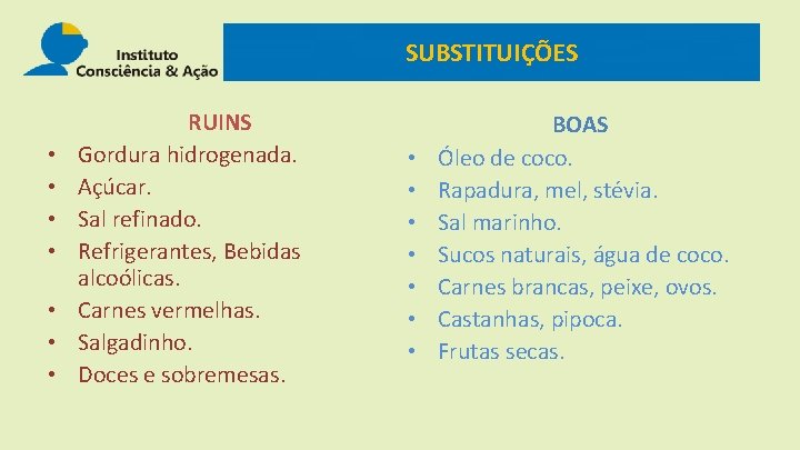 SUBSTITUIÇÕES • • RUINS Gordura hidrogenada. Açúcar. Sal refinado. Refrigerantes, Bebidas alcoólicas. Carnes vermelhas.