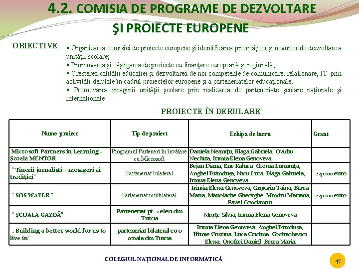 4. 2. COMISIA DE PROGRAME DE DEZVOLTARE ŞI PROIECTE EUROPENE OBIECTIVE: § Organizarea comisiei