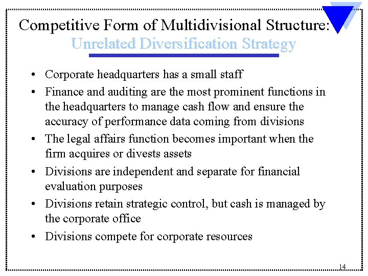 Competitive Form of Multidivisional Structure: Unrelated Diversification Strategy • Corporate headquarters has a small