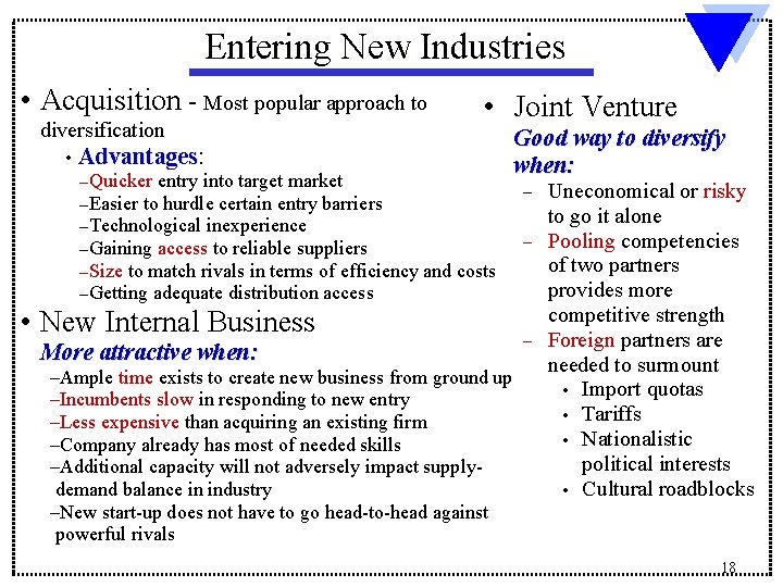 Entering New Industries • Acquisition - Most popular approach to diversification • • Joint