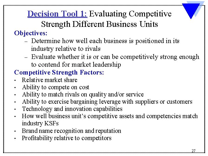 Decision Tool 1: Evaluating Competitive Strength Different Business Units Objectives: – Determine how well