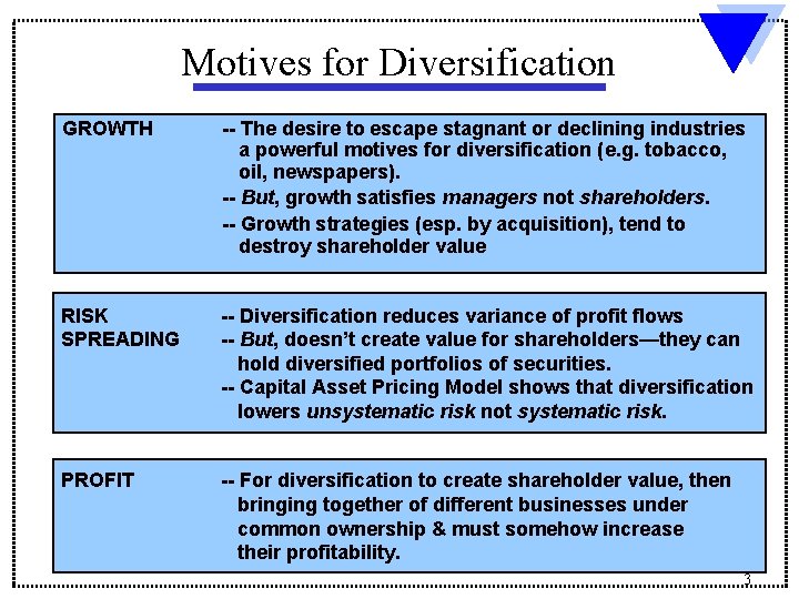 Motives for Diversification GROWTH -- The desire to escape stagnant or declining industries a