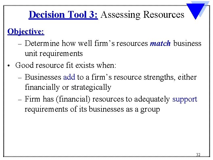 Decision Tool 3: Assessing Resources Objective: – Determine how well firm’s resources match business