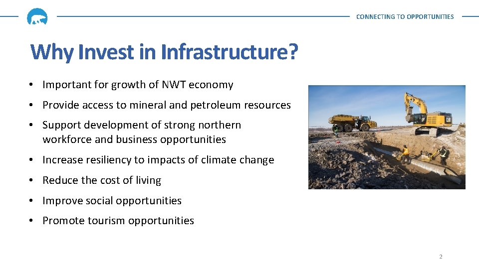 CONNECTING TO OPPORTUNITIES Why Invest in Infrastructure? • Important for growth of NWT economy