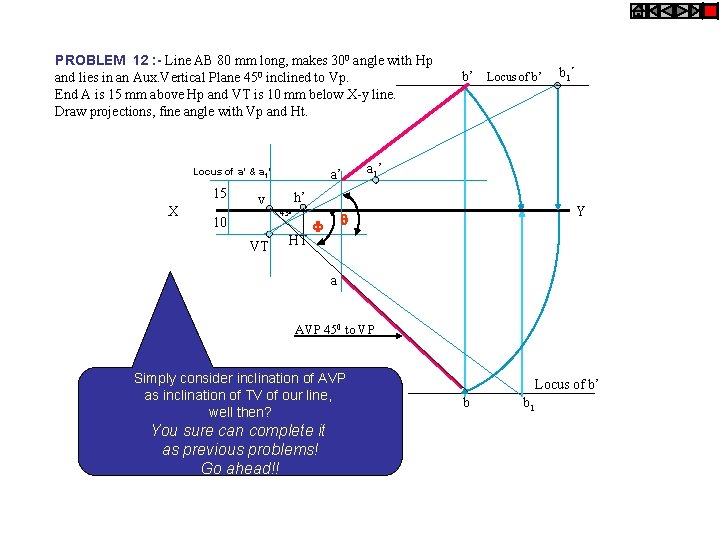 PROBLEM 12 : - Line AB 80 mm long, makes 300 angle with Hp