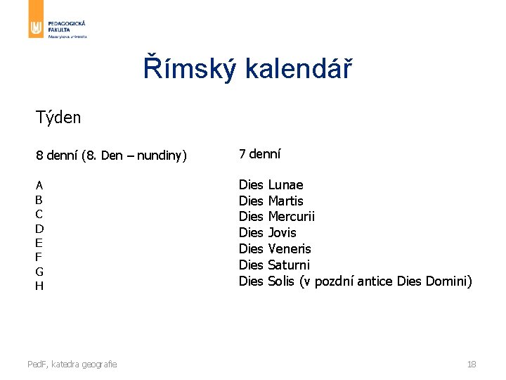 Římský kalendář Týden 8 denní (8. Den – nundiny) 7 denní A B C