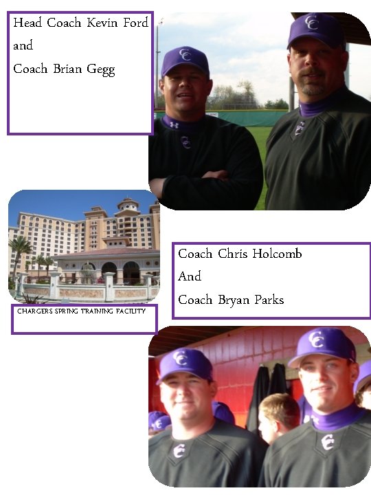 Head Coach Kevin Ford and Coach Brian Gegg CHARGERS SPRING TRAINING FACILITY Coach Chris