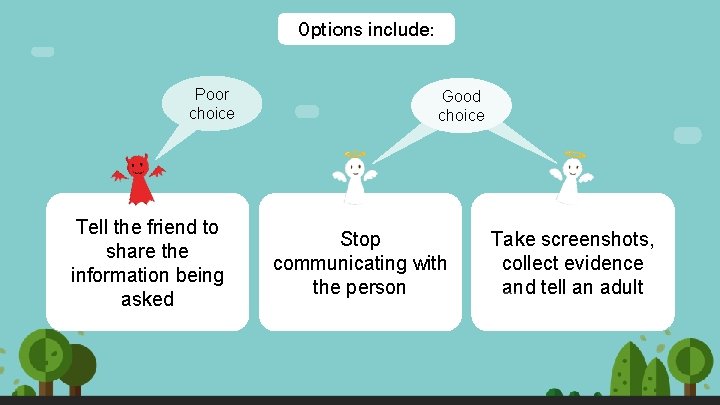 Options include: Poor choice Tell the friend to share the information being asked Good