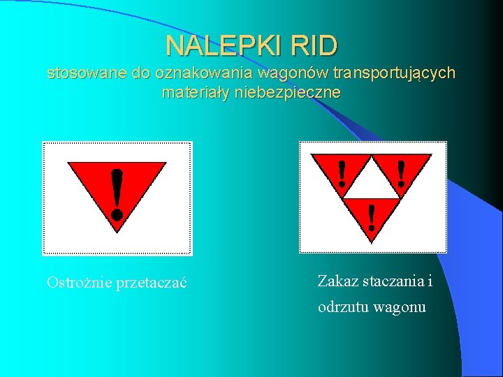 NALEPKI RID stosowane do oznakowania wagonów transportujących materiały niebezpieczne Ostrożnie przetaczać Zakaz staczania i