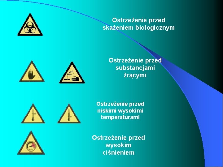 Ostrzeżenie przed skażeniem biologicznym Ostrzeżenie przed substancjami żrącymi Ostrzeżenie przed niskimi wysokimi temperaturami Ostrzeżenie